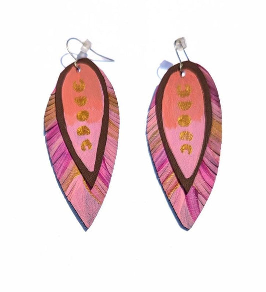 Painted Leather and Vegan Leather Feather Earrings
