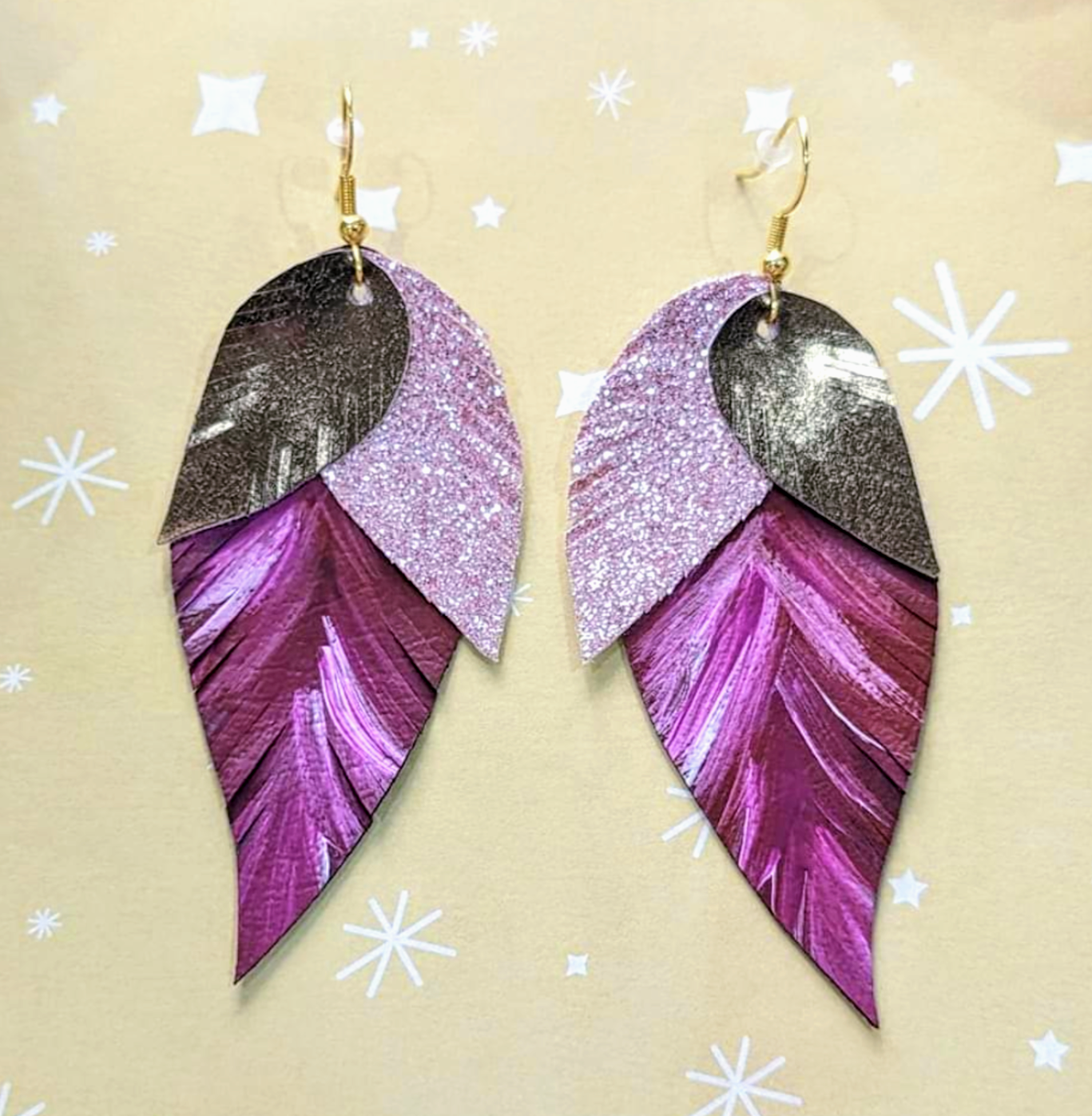 Painted Leather and Vegan Leather Feather Earrings