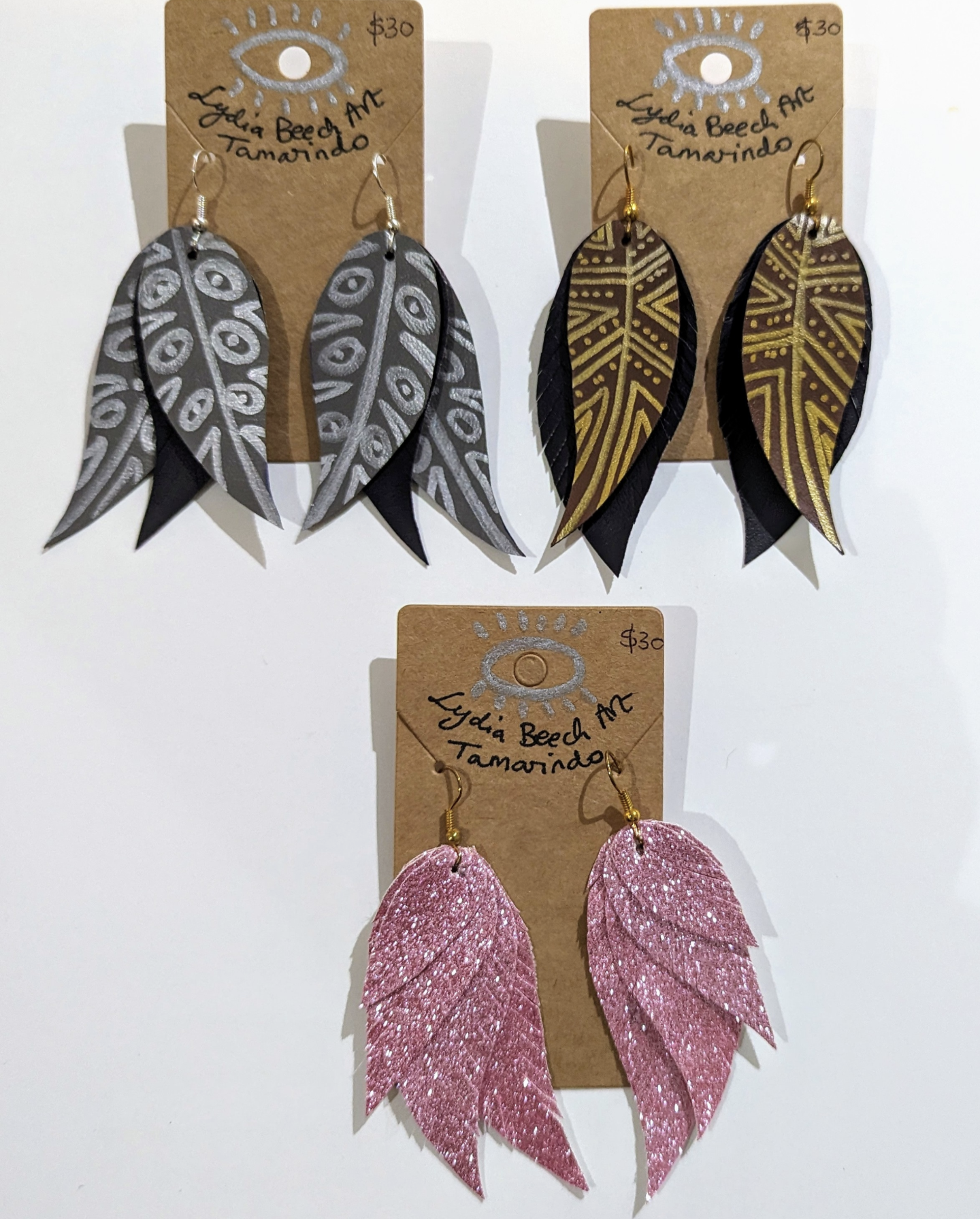 Painted Leather and Vegan Leather Feather Earrings